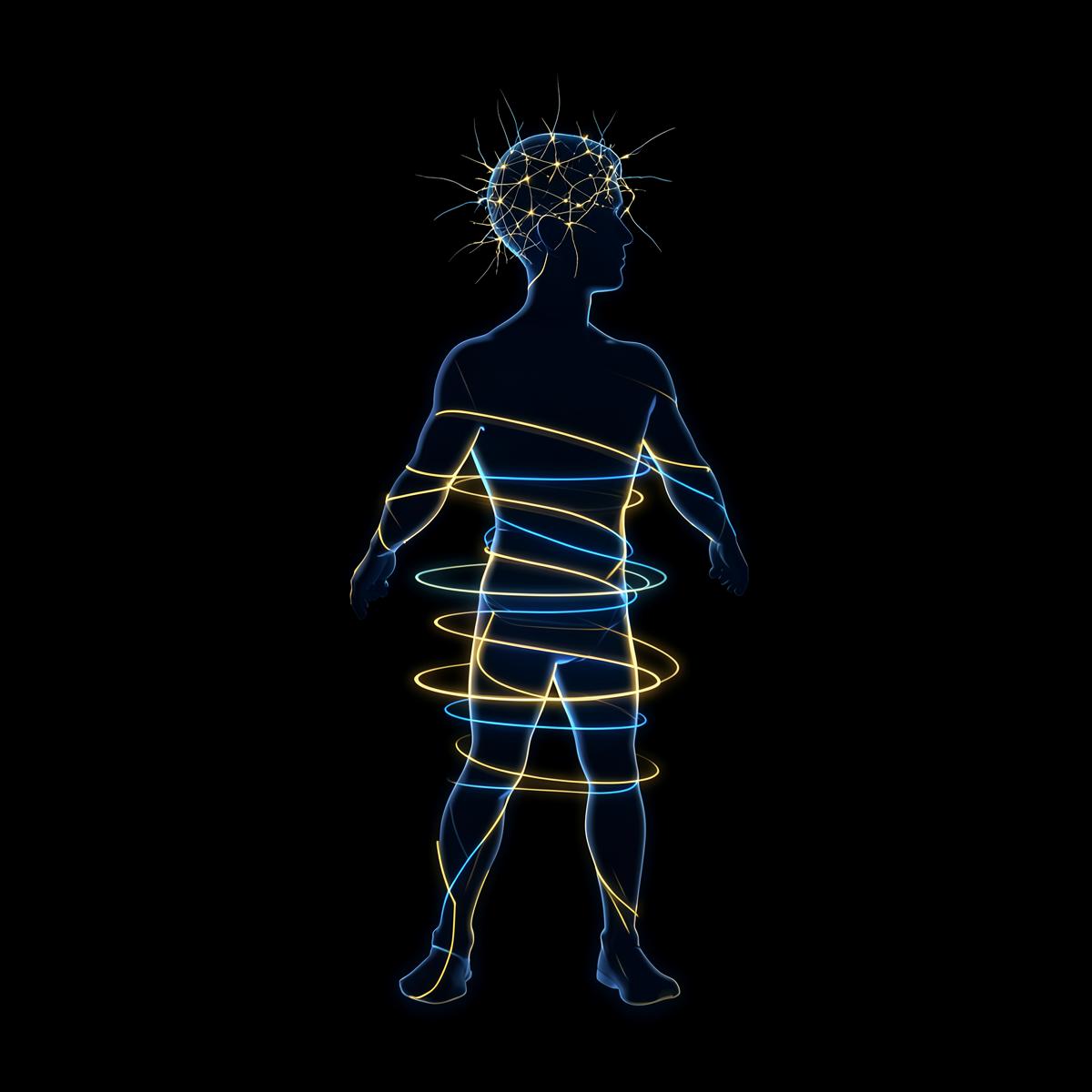 Illustration of an athlete built from six layers of light